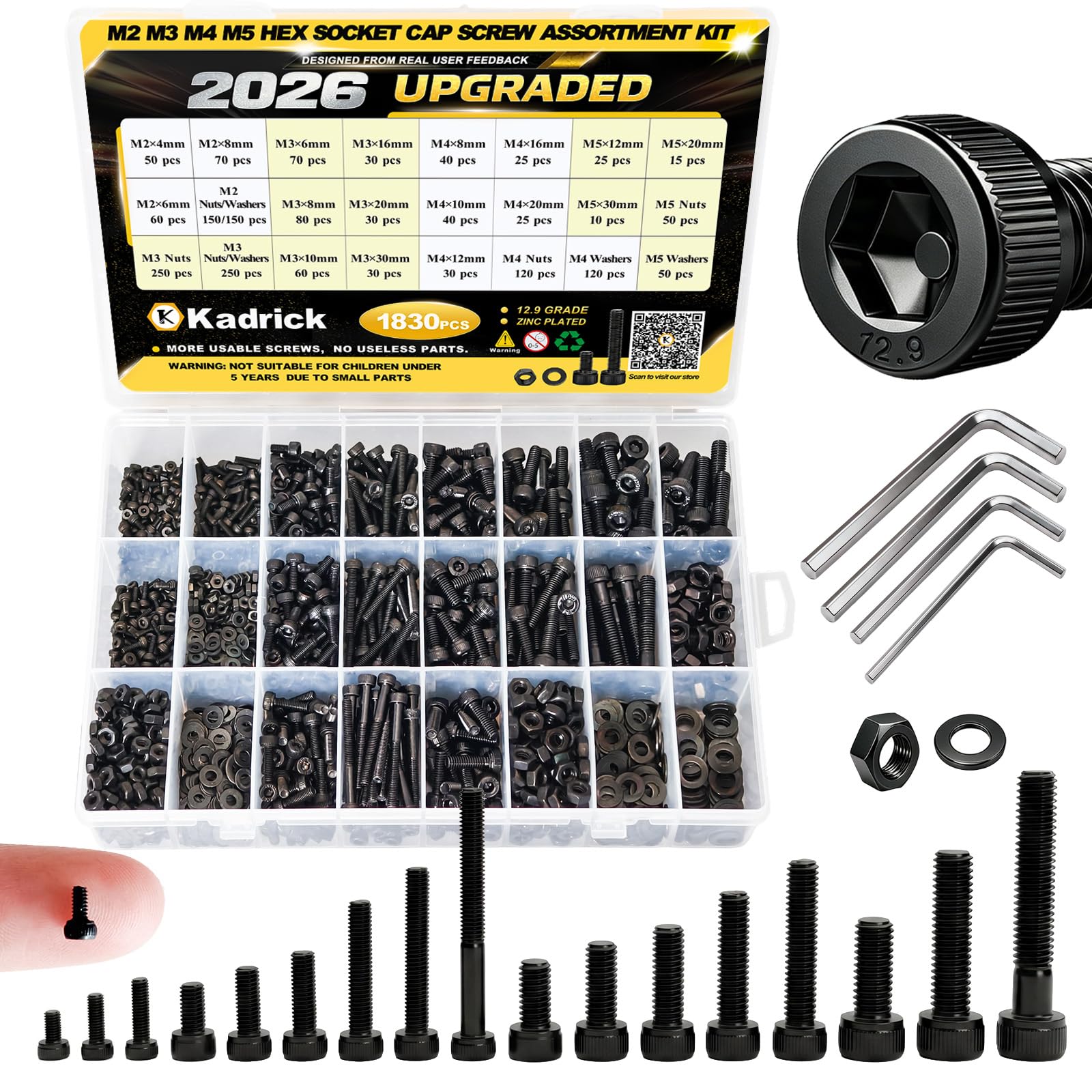 KADRICK 1830PCS M2 M3 M4 M5 Metric Screws Assortment,Hex Socket Head Cap | Class