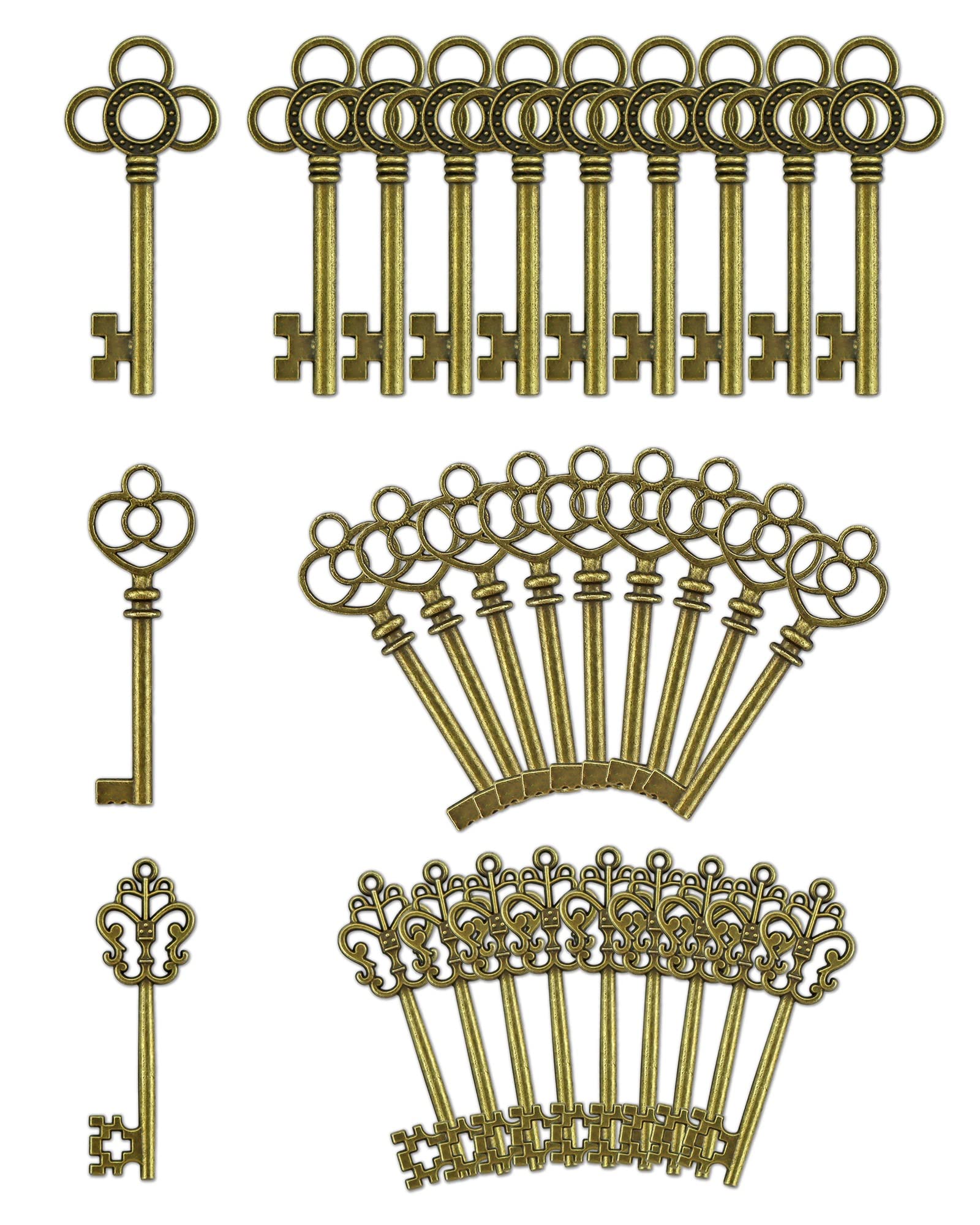 JIALEEY 3 Type of 30 PCS Vintage Large Skeleton Key Set Charms, Mixed Antique St