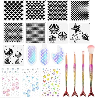 YimeBand 12Pcs Mermaid Scale Stencil Set Face Paint Stencil DIY Makeup Kit | 12 Pcs Reusable mermaid scale stencils, 3 mermaid stickers and 4 makeup brushes. Perfect for girls’ creative face painting