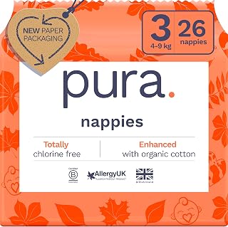 Pura Eco Baby Nappies - Size 3 (4-9kg), 1 Pack (26 Nappies), Ultra Soft Nappies for Sensitive Skin, Organic Cotton, Up to 12 Hours Leak Protection, New Guide to