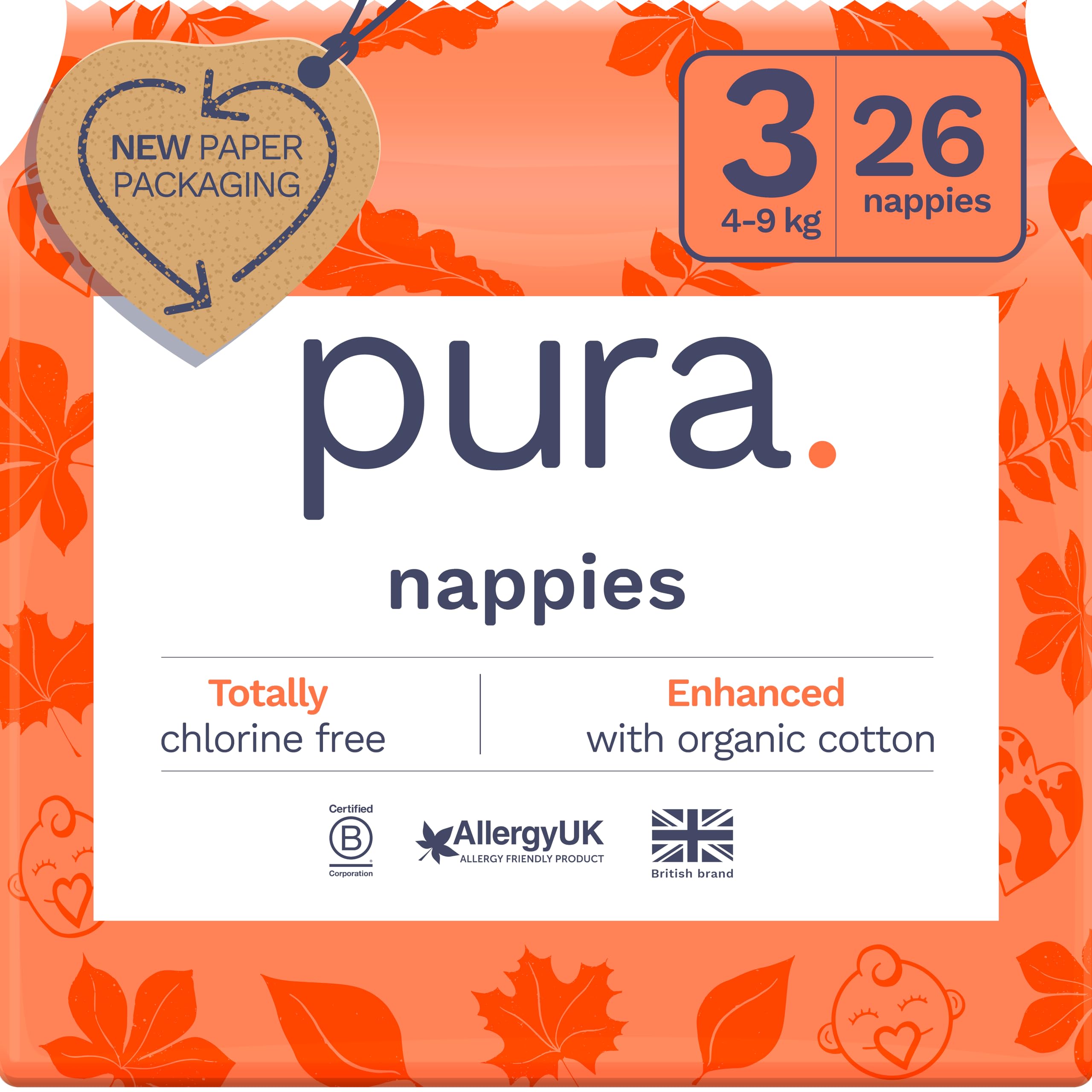 Pura Eco Baby Nappies - Size 3 (4-9kg), 1 Pack (26 Nappies), Ultra Soft Nappies 