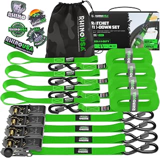 Rhino USA Ratchet Straps Tie Downs (4-Pack) - 1in x 15ft with S Hooks