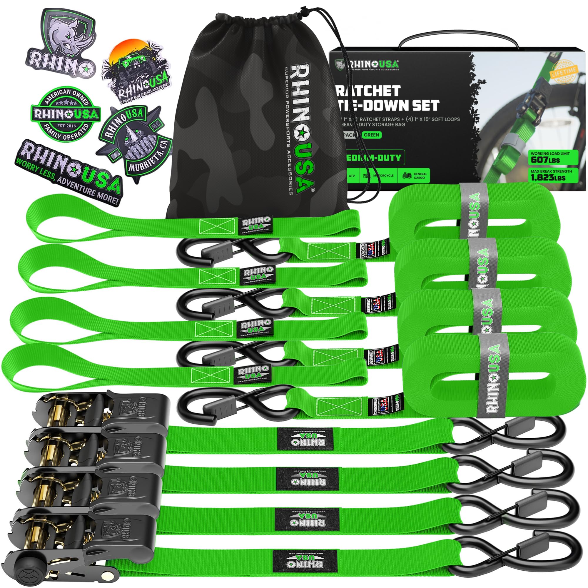 Rhino USA Ratchet Straps Tie Downs (4-Pack) - 1in x 15ft with S Hooks
