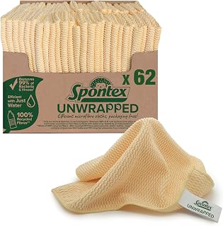 Spontex Unwrapped Microfibre Cloths for Cleaning | 62 x Packaging Free Microfibre Cleaning Cloths | For Use as Dusters, Dish Cloths & Kitchen Towels | 30 x 30cm | Made of 100% Recycled Fibres*