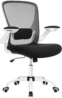 SONGMICS OBN37WT Office Chair, Ergonomic Computer Mesh Chair, Lumbar Support, Oscillating, 53 cm Seat, Folding Armrests, Black and White