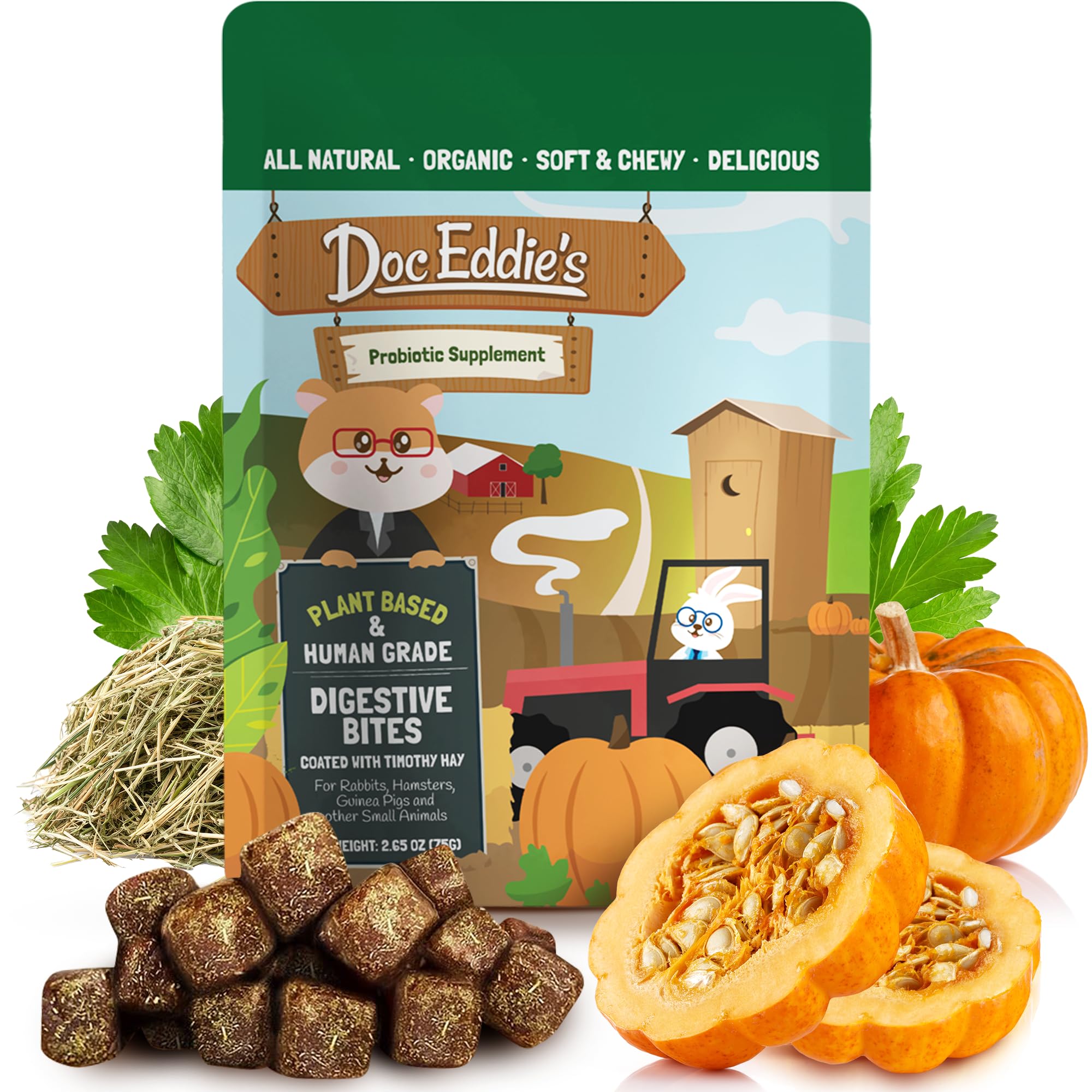 DOC EDDIE'S Digestive Bites - Plant-Based Small Animal Treats for Rabbits, Guine