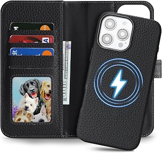 Detachable Genuine Leather Case for iPhone 16 Pro Max Wallet Case Magnetic 2in1 Removable Flip Cover Book Purse Compatible with Magsafe Charging Kickstand Card Holder-Black