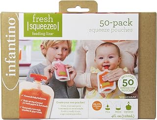 Infantino Disposable Baby Food Pouches, 4oz, Homemade Baby Food, 50-Pack | Fill, store, and serve homemade purees. Disposable 4 oz pouches designed for the Squeeze Station