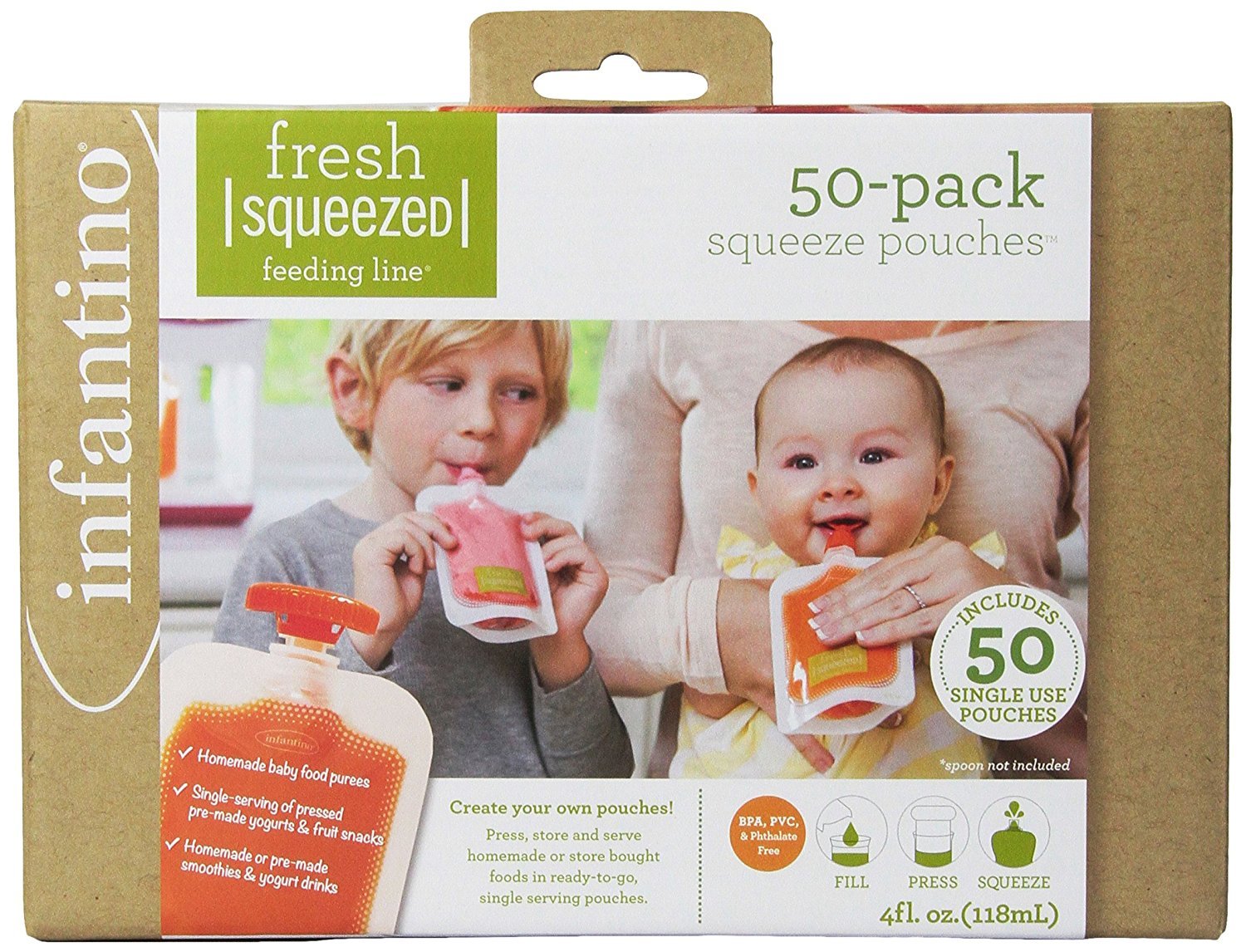 Infantino Disposable Baby Food Pouches, 4oz, Homemade Baby Food, 50-Pack | Fill,