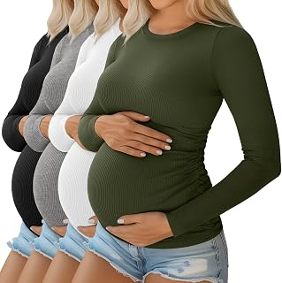 Ficerd Pack of 4 Women's Maternity Tops Long Sleeve Cotton Round Neck Ribbed Pregnancy Dresses