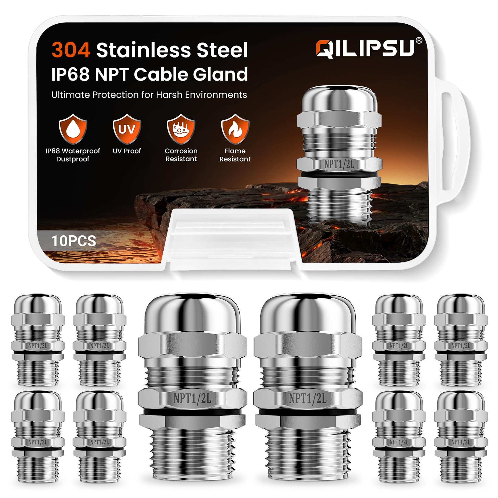 QILIPSU 10pcs 1/2" NPT 304 Stainless Steel Cable Gland Waterproof IP68 Metal Str