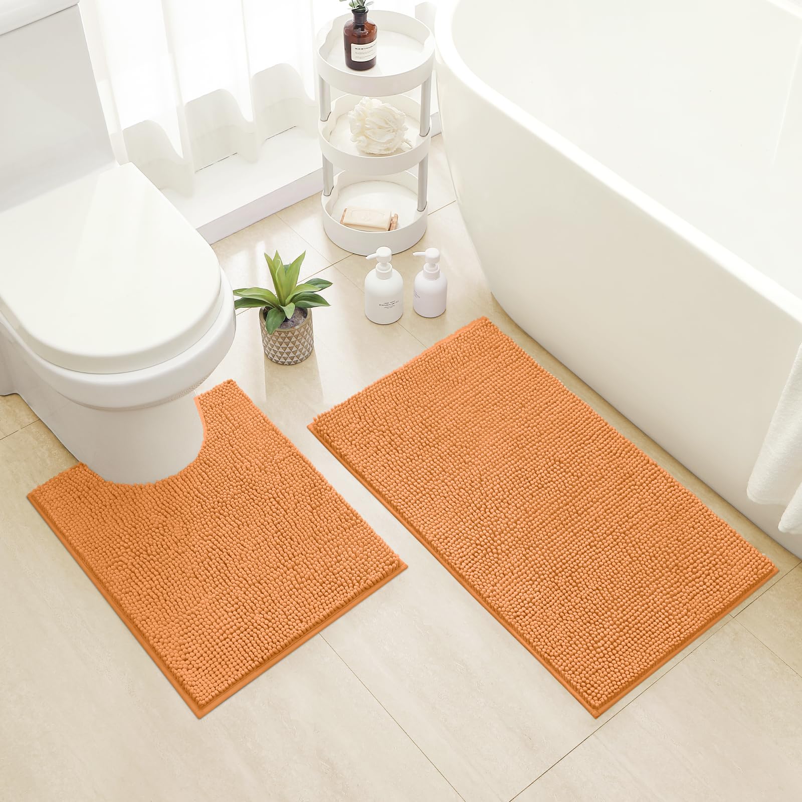 HOMEIDEAS Bathroom Rugs Set 2 Pieces, Ultra Soft Non Slip Absorbent Chenille Toi