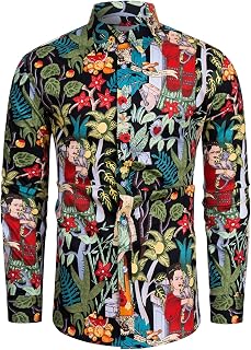 TUNEVUSE Men Floral Dress Shirts Long Sleeve Casual Button Down Flower Printed Shirts 100% Cotton