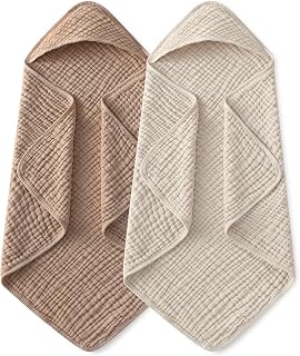 Yoofoss Hooded Baby Bath Towels 2 Pack 100% Muslin Organic Cotton with Hood | for Newborn, Babies, Infant, Toddler and Kids, 32x32 Inch, Soft and Absorbent, Baby Essential, Beige &amp; Coffee