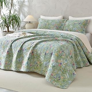 Lady Ann 100% Cotton Floral Oversized Queen Quilt Set - Green Flower Bird Butterfly Pattern Print Quilted 102x118 Bedspread & Coverlet Set, 3 PCS Lightweight Extra Soft Queen Bedding Sets All Season