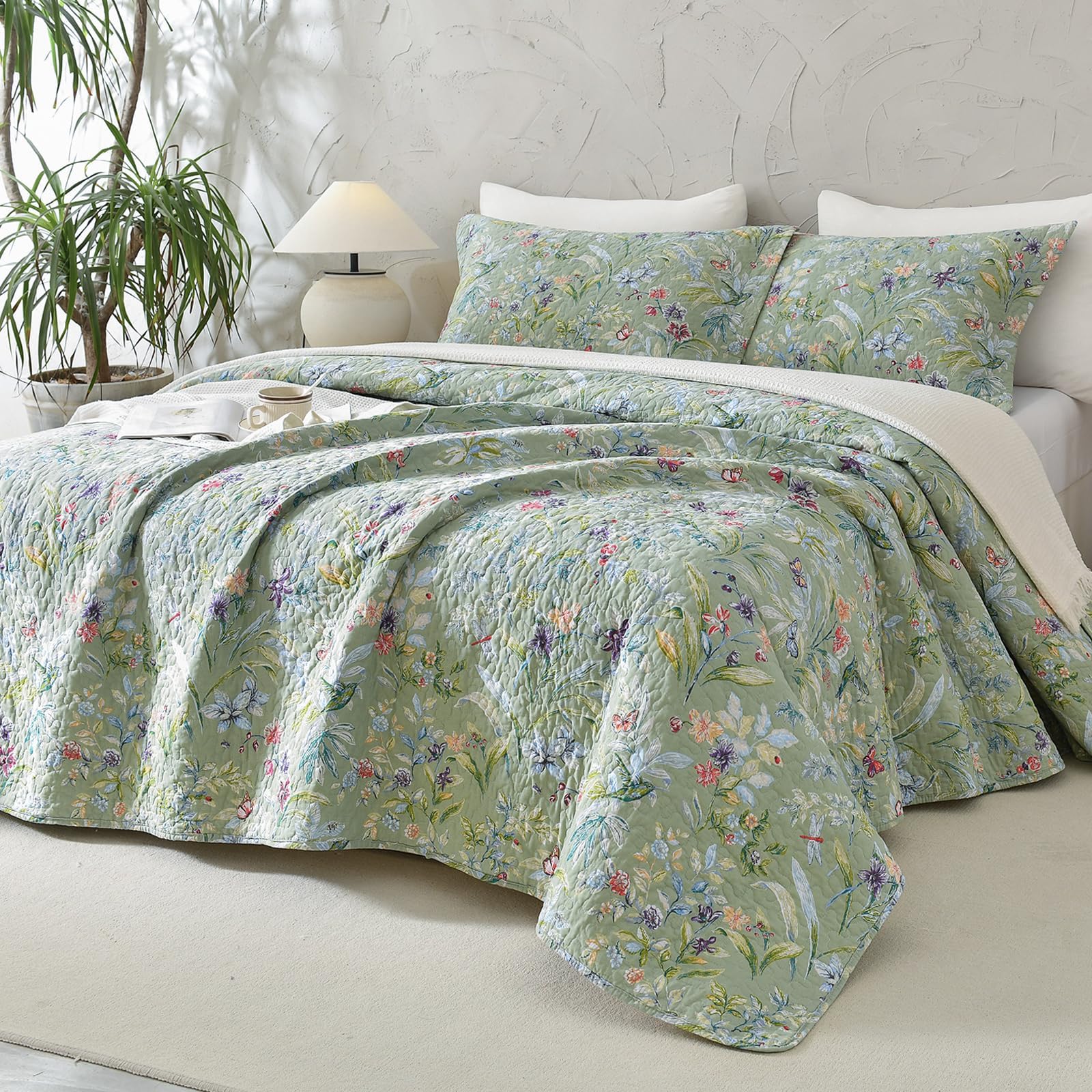 Lady Ann 100% Cotton Floral Oversized Queen Quilt Set - Green Flower Bird Butter