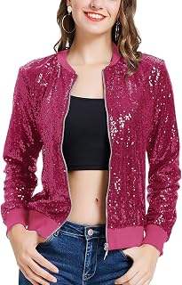 KANCY KOLE Chaqueta de lentejuelas para mujer, estilo casual, manga larga, cremallera frontal, con bolsillos, tallas S-2XL, Rosa encendido, M