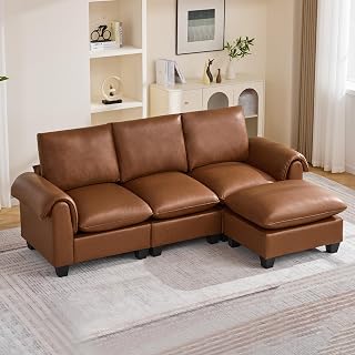 96" Faux Leather Modular Sectional Sofa with Movable Ottoman, Oversized 3 Seater Couch with Curved Armrests, Cloud Modern L-Shaped Sofa Deep Seat for Living Room, Brown