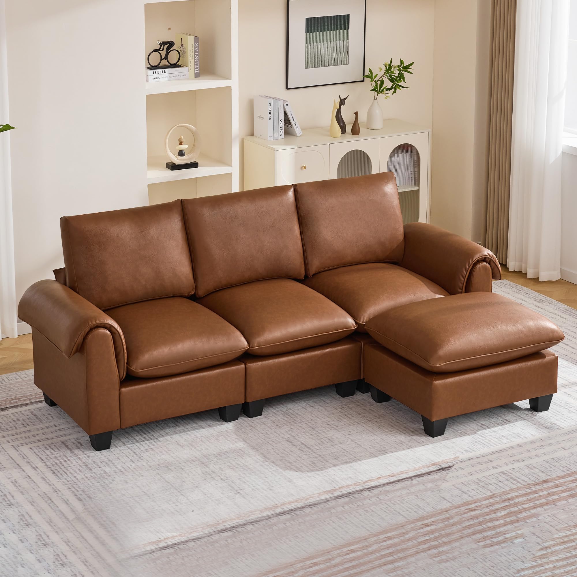 96" Faux Leather Modular Sectional Sofa with Movable Ottoman, Oversized 3 Seater