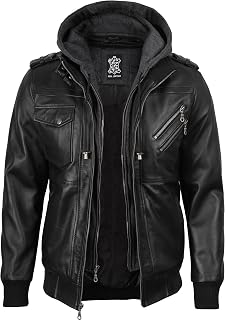 Blingsoul Men's Leather Jacket with Hood - Real Lambskin Hooded Leather Jacket with Detachable Hood, Genuine Leather Jackets