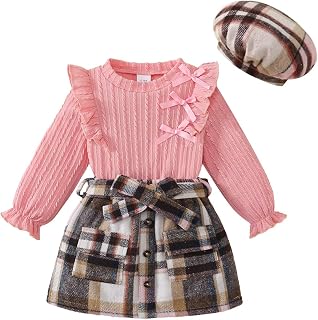 Toddler Girl Fall Winter Clothes Knitted Tops Plaid Skirt Set 3Pcs 1-5T