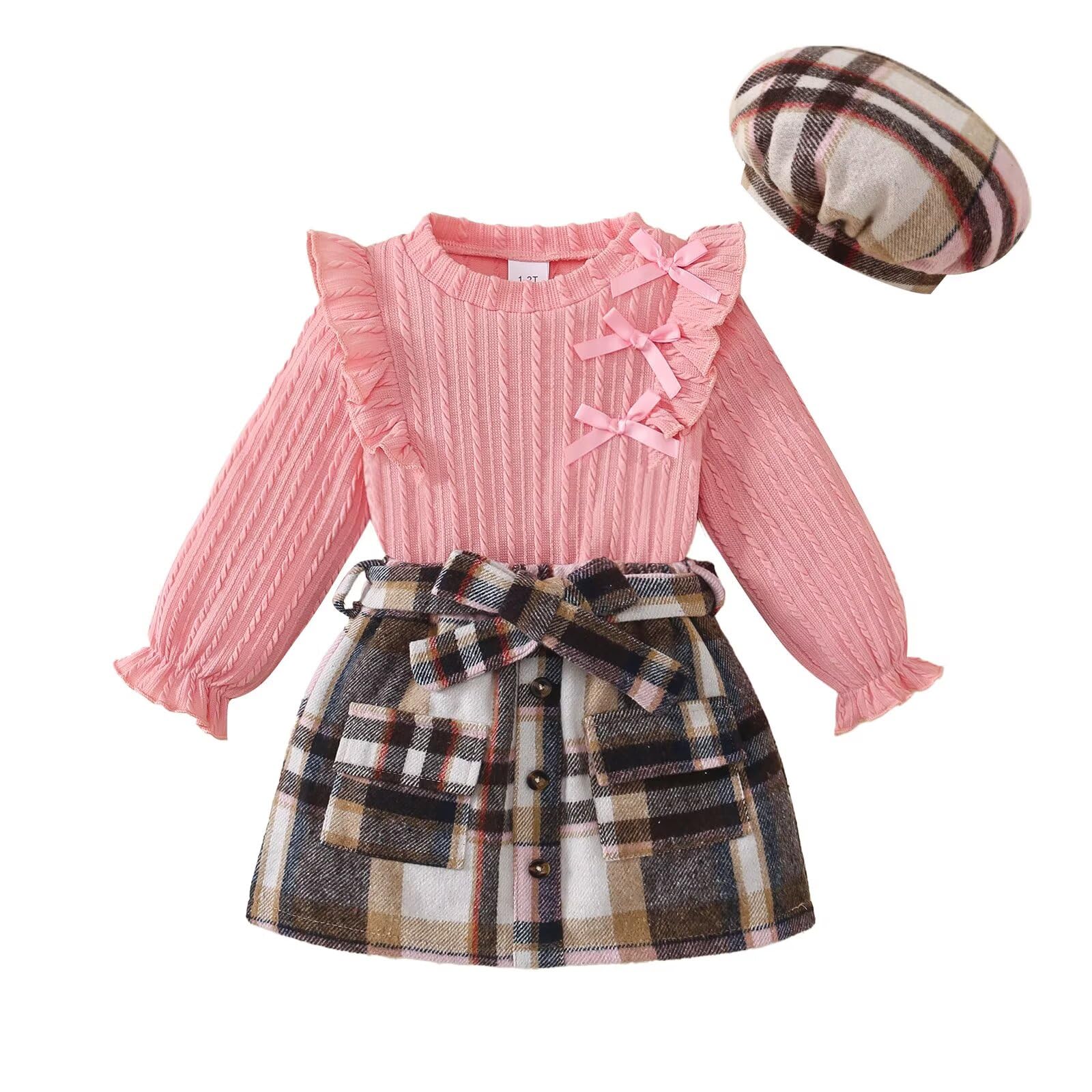 Toddler Girl Fall Winter Clothes Knitted Tops Plaid Skirt Set 3Pcs 1-5T