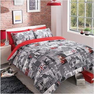 GC GAVENO CAVAILIA Luxurious LONDON CITY Bed Set with Duvet Cover and Pillow Case, Polyester-Cotton, Grey/Red, King