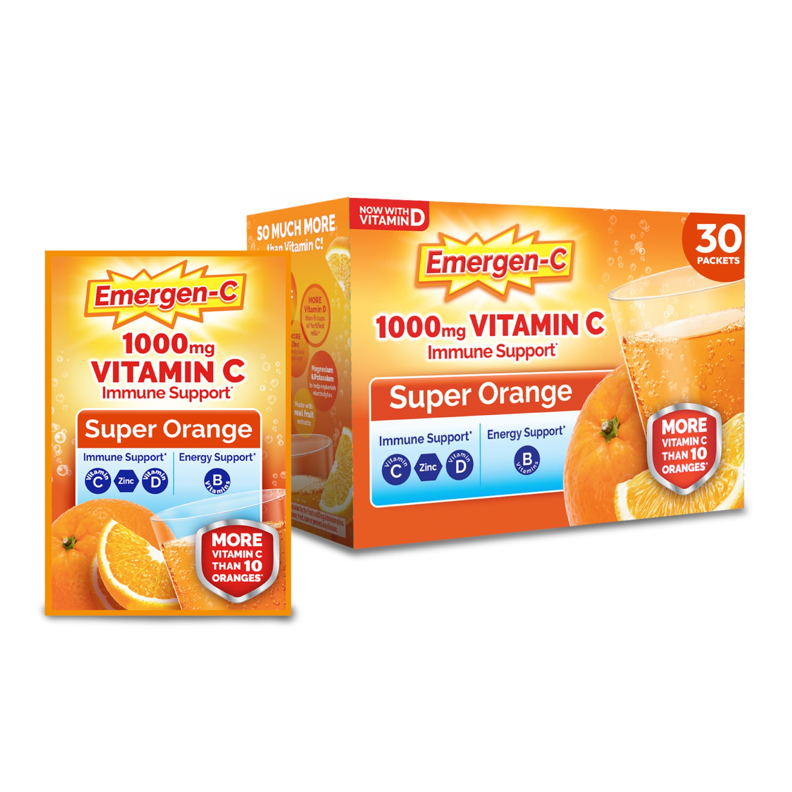 Emergen-C Vitamin C 1000mg Immune Support Powder, Orange, 30 Packets | B Vitamin