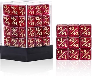 36 Pieces MTG Dice Counters Set +1/+1 Life Counter Tokens with Durable Portable Plastic Box - Vibrant Mini Dice, Perfect 12mm Dice for MTG, TCG & Card Games(Red Glitter)