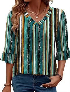 LOMON 3/4 Length Sleeve Womens Tops 2026 Spring V-Neck Ruffle Blouses Dressy Casual Shirts Beach Vacation Tunic
