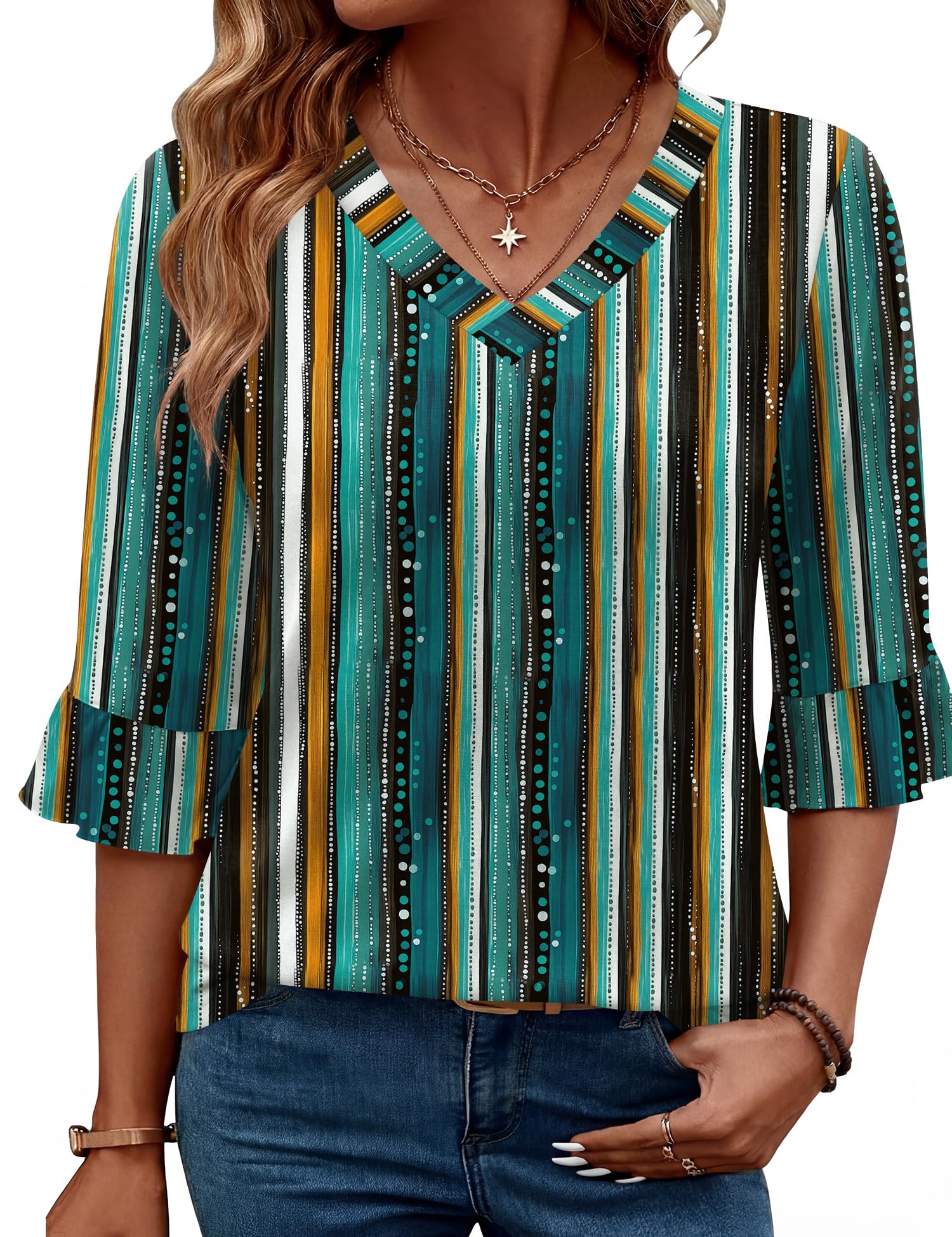 LOMON 3/4 Length Sleeve Womens Tops 2026 Spring V-Neck Ruffle Blouses Dressy Cas