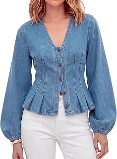 Tankaneo Camicie da donna in denim con bottoni e maniche lunghe a sbuffo