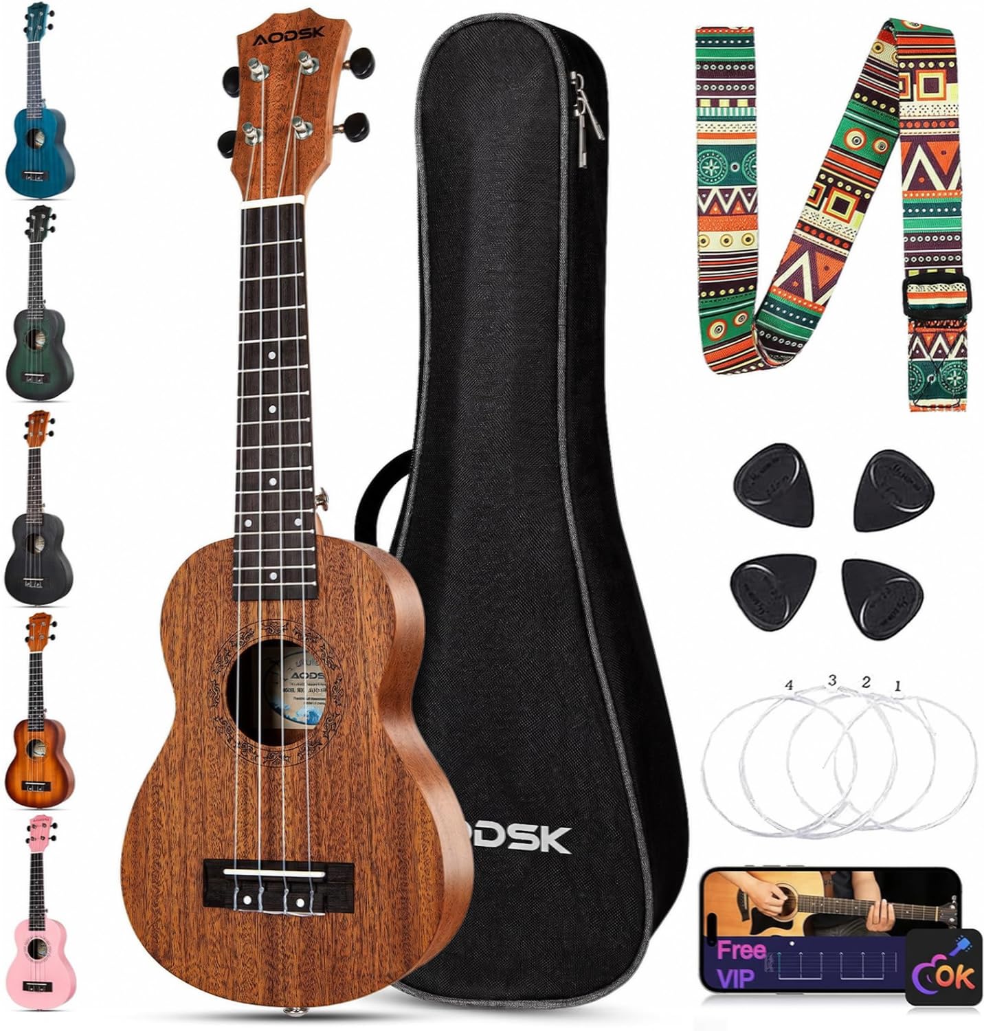 AODSK Soprano Ukulele for Beginner 21 Inch Ukelele with Gig Bag Strap Nylon Stri