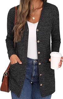 GRECERELLE Women's Long Cardigan Long Sleeve Elegant Comfortable Front Opening Buttons Pockets Sweater Lightweight V-Neck