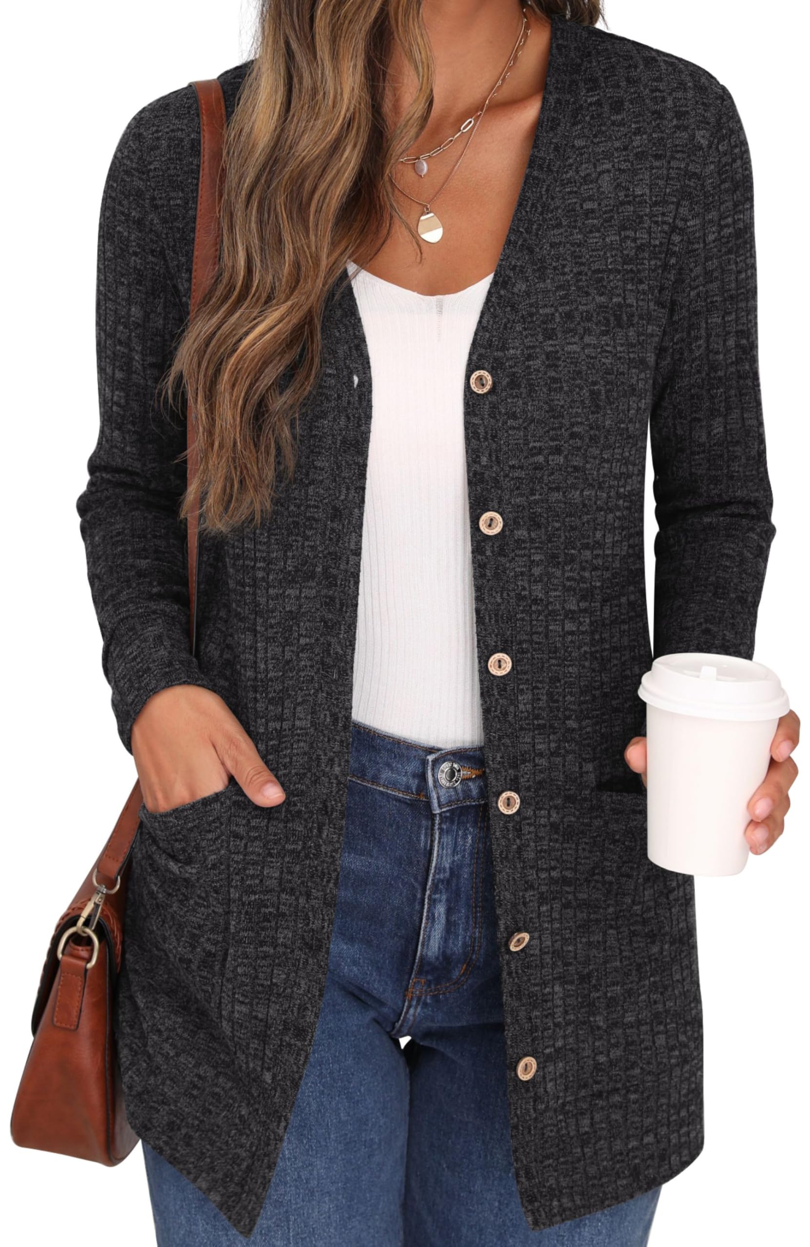 GRECERELLE Women's Long Cardigan Long Sleeve Elegant Comfortable Front Opening B