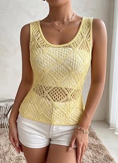Women's Knit Sheer Mesh Crochet Tank Top Beachcover Sleeveless Layering Vest for Summer Pool Vacation