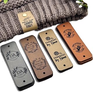 Customized Faux Leather Knitting Labels with Rivets, 3 x 0.95 Inch Personalized Tags for Knitting, Label for Knit Items, Garment Labels for Scarves and Hats & More