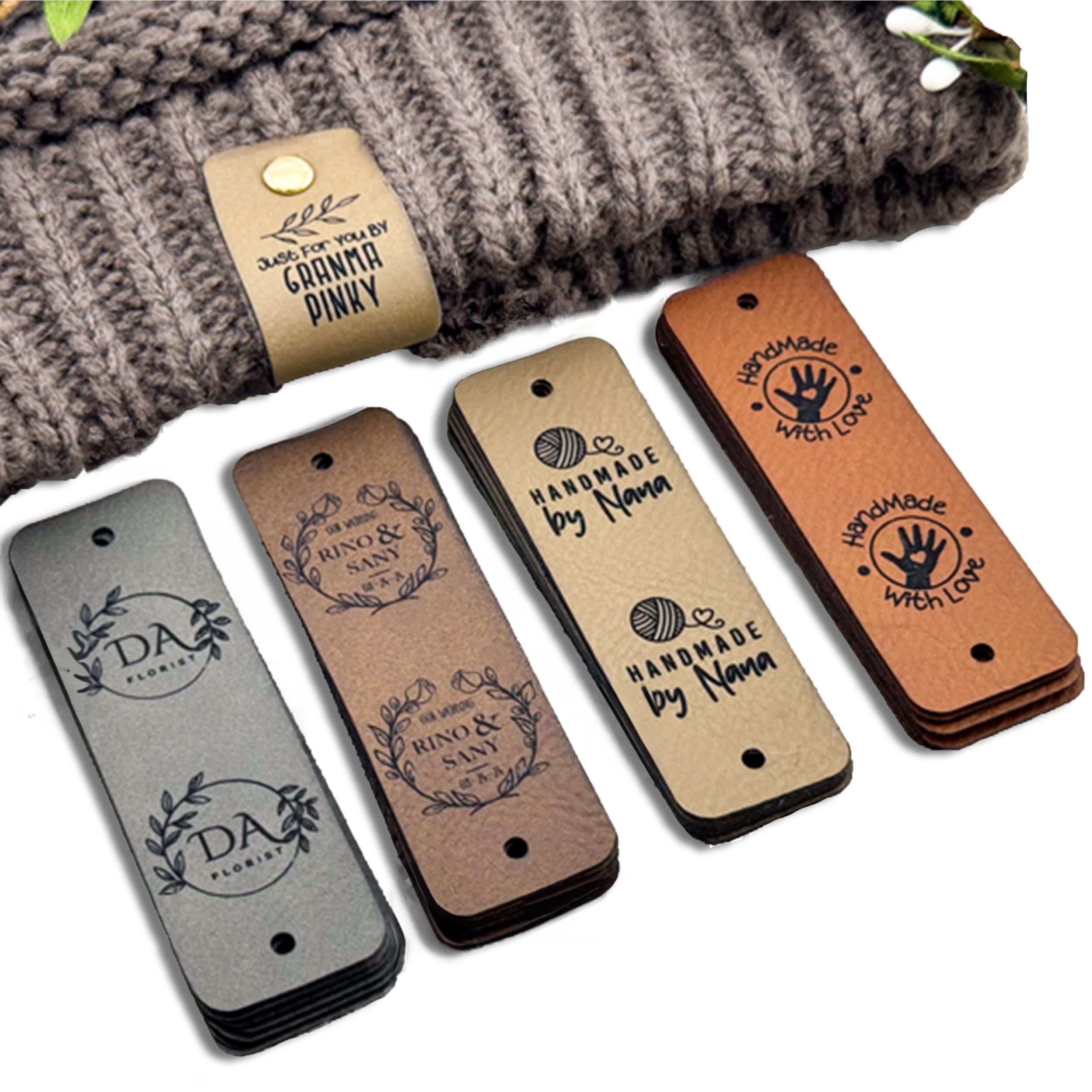 Customized Faux Leather Knitting Labels with Rivets, 3 x 0.95 Inch Personalized 