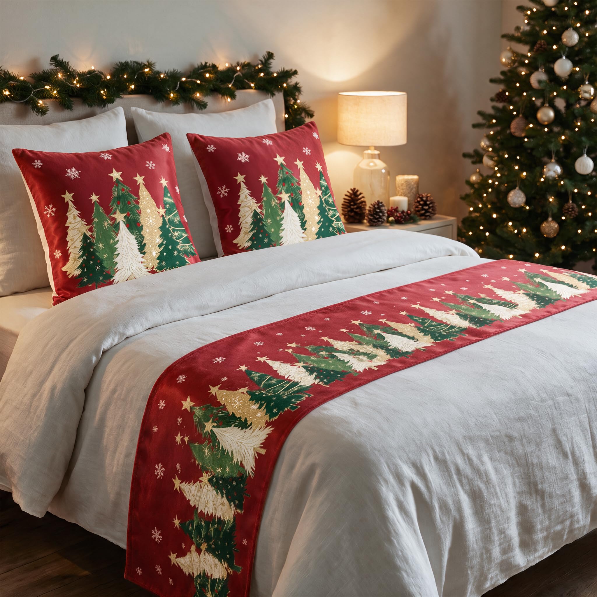 AVOIN colorlife Christmas Trees Red Bed Runner Set with 2 Pillow Cover,King | De