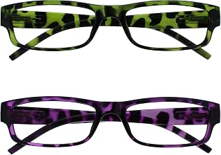 OPULIZE ACE Classic Reading Glasses for Women Men, Scratch Resistant, Narrow Frame with Spring Hinges, Green, Purple +3 (Pack of 2)