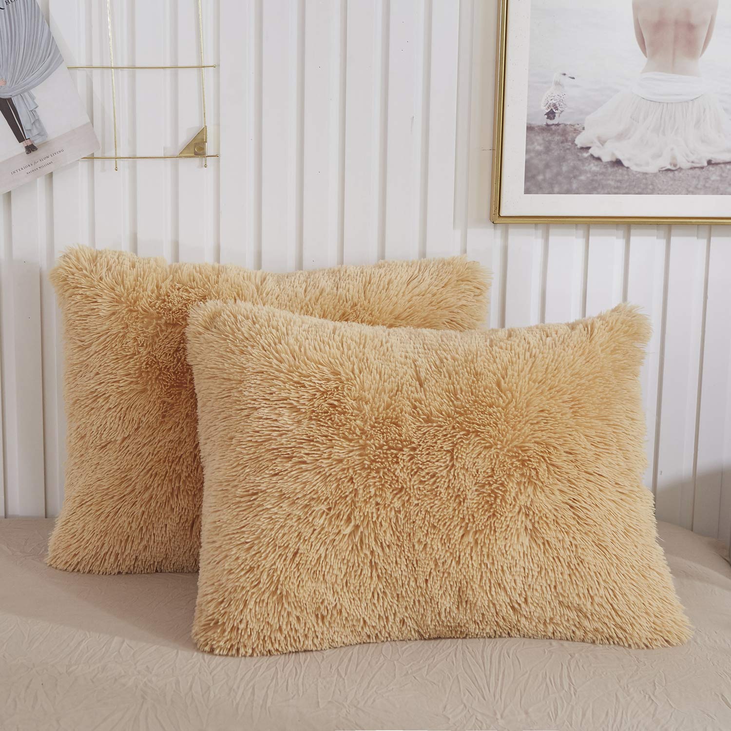 XeGe Fluffy Faux Fur Bed Pillow Cases, Set of 2, Standard, 20x26, Camel
