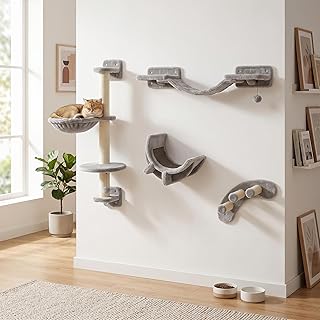 PawHut 4 Piece Cat Shelves, Cat Wall Furniture with Hammock, Grey
