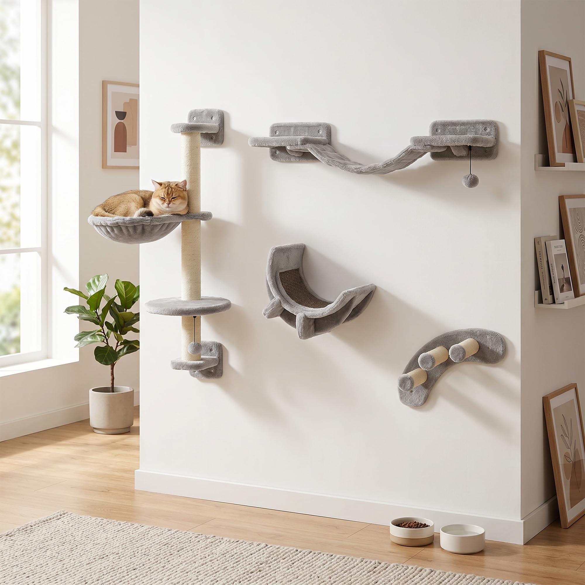 PawHut 4 Piece Cat Shelves, Cat Wall Furniture with Hammock, Grey