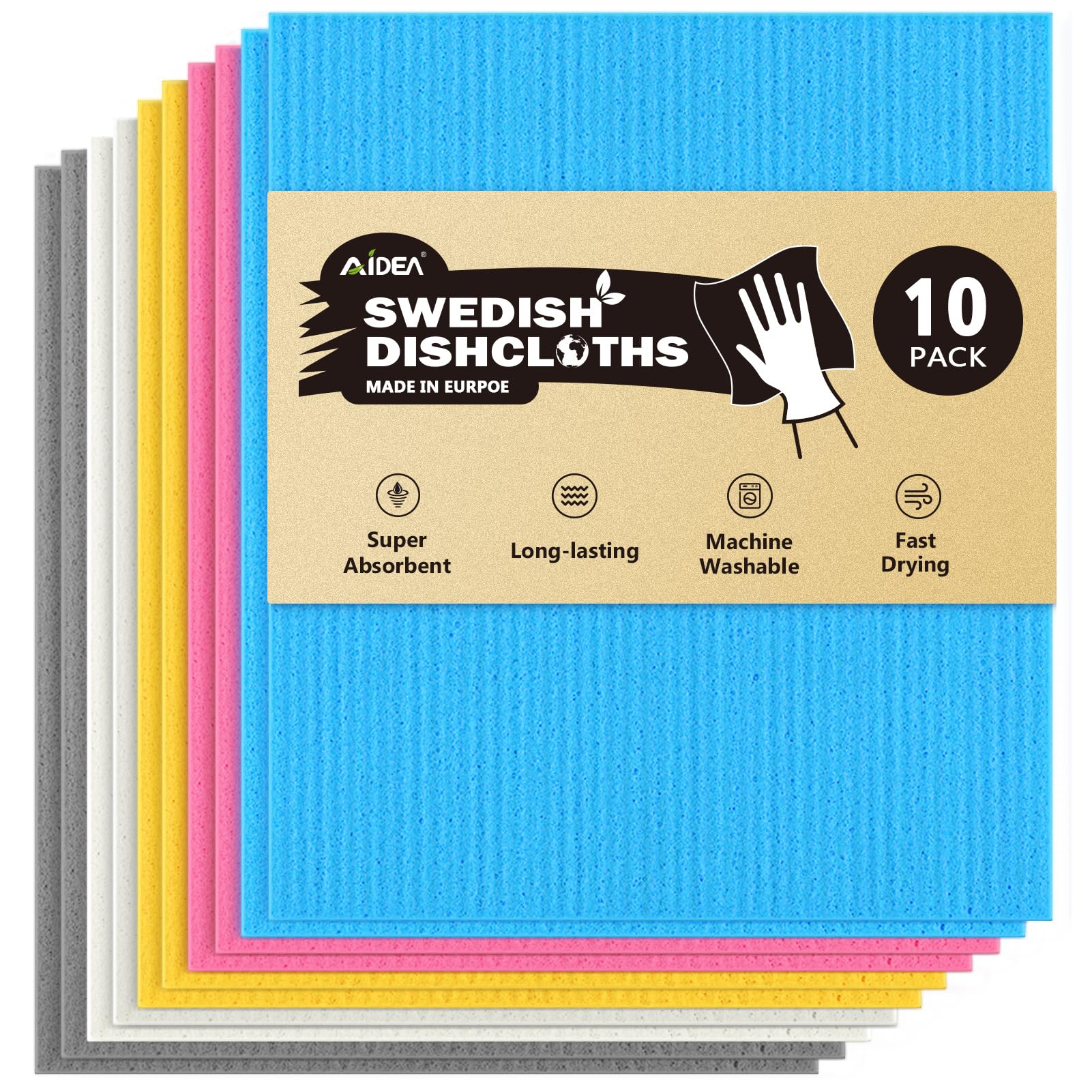 AIDEA Swedish Dishcloths for Kitchen-10PK, Reusable Paper Towels 7" x 6" | Spong