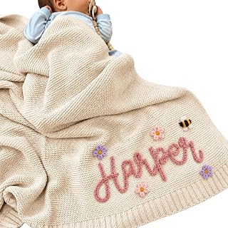 Grewear Personalized Baby Knit Blanket, Custom Embroidered Name Knitwear | Custom knitted baby blanket made from soft cotton yarn, featuring hand-embroidered name personalization.