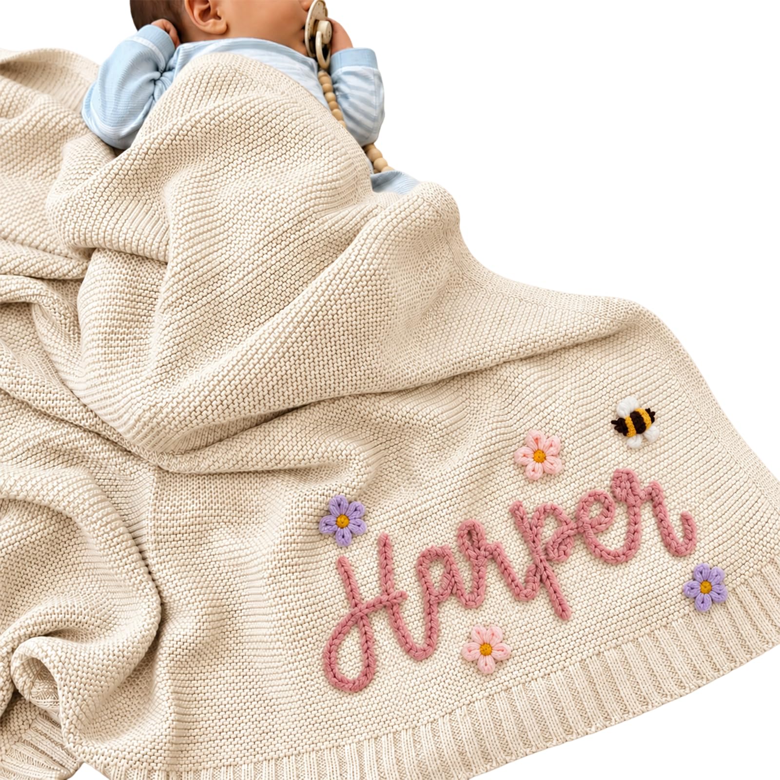 Grewear Personalized Baby Knit Blanket, Custom Embroidered Name Knitwear | Custo