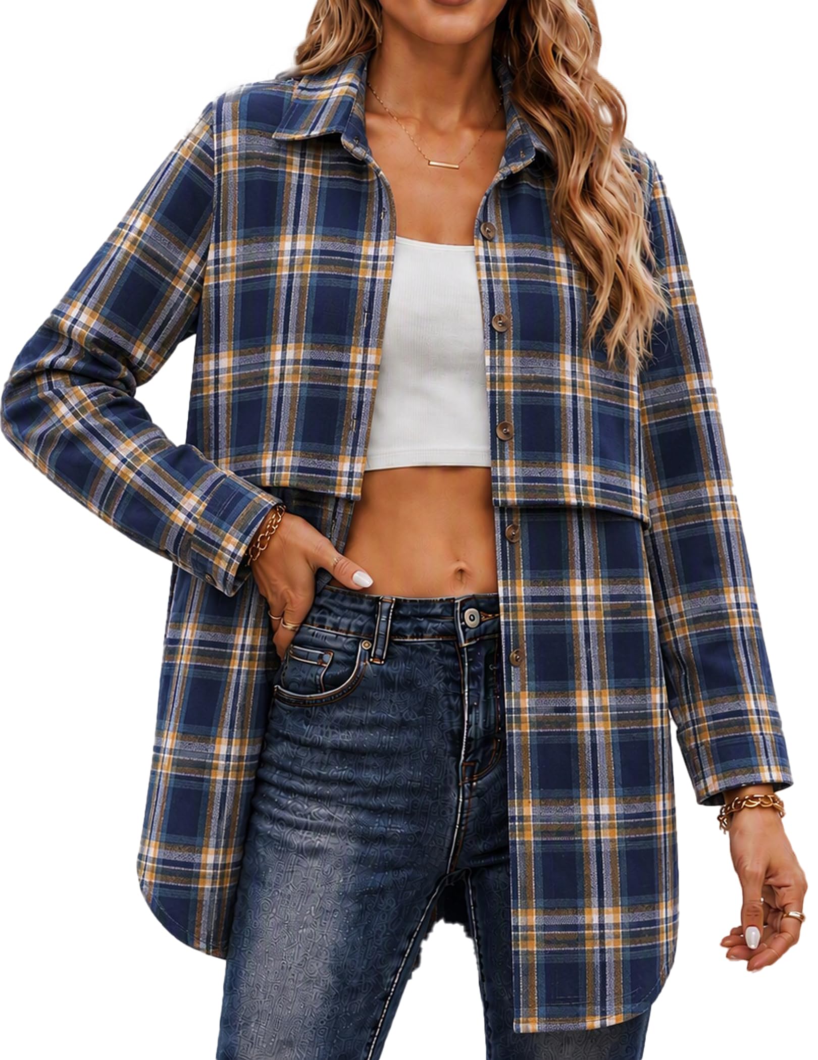 Zeagoo Flannel Shirts for Women Long Sleeve Plaid Button Down Shirts Mid Length 