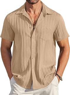 COOFANDY Men's Casual Button Down Shirts Short Sleeve Textured Summer Beach Shirt with Pocket