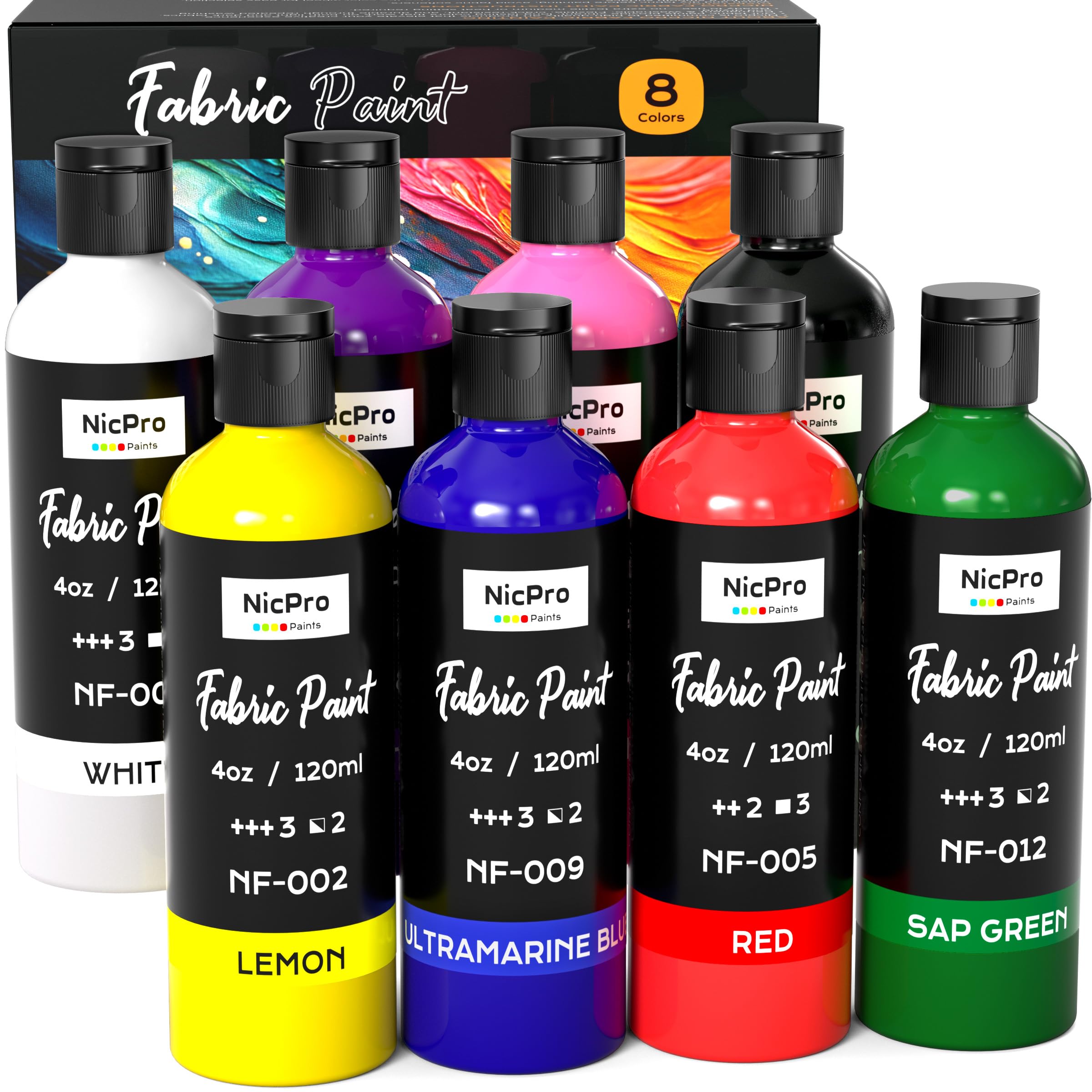 Nicpro 8 Colors Permanent Fabric Paint (4 oz, 120 ml) Soft Fabric Paint | for Cl