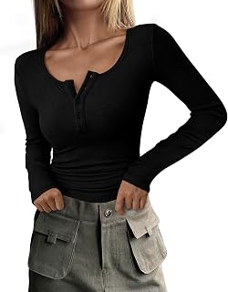 PRETTYGARDEN Women's Fall Long Sleeve Henley T Shirts | Soft Ribbed Knit, Button Up, Slim Fitted, Layering Tops, Plain Basic Tee, Trendy Casual, Spring Outfits, Fashion Clothing